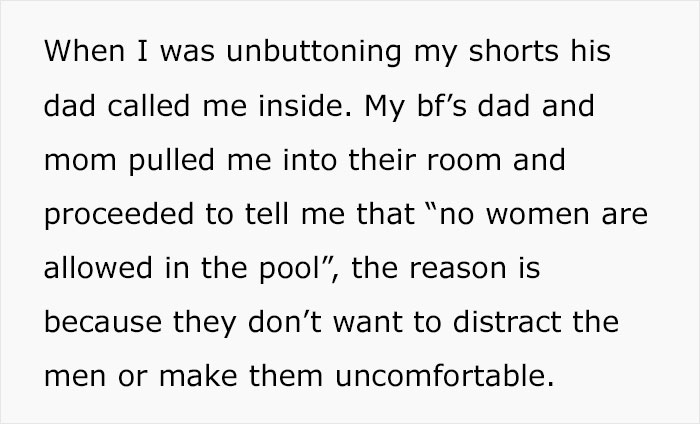 Woman Was About To Check Out In-Laws' New Pool, Only To Learn Women Are Not Allowed To Use It, Refuses To Ever Come Back Woman Was About To Check Out In-Laws' New Pool, Only To Learn Women Are Not Allowed To Use It, Refuses To Ever Come Back