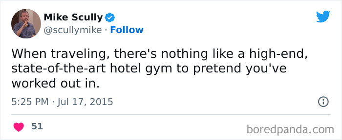 Tweet about a gym experience, humorously referencing pretending to work out at hotel gyms.