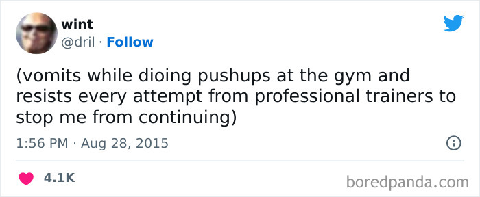 Twitter post depicting a humorous gym experience about doing pushups and resisting trainer advice, popular among gym memes.