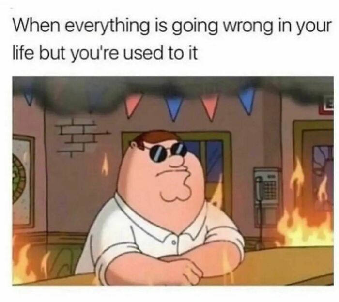 Cartoon character sitting in a burning room, looking unfazed with text overlay highlighting a relatable meme moment.