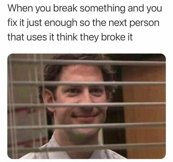 Man smiling mischievously through blinds with a relatable meme caption, exemplifying "Evil Kermit" humor.