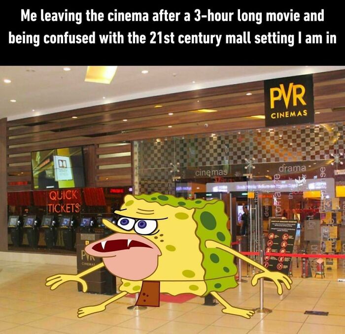 SpongeBob meme outside a cinema, expressing confusion after a long movie.