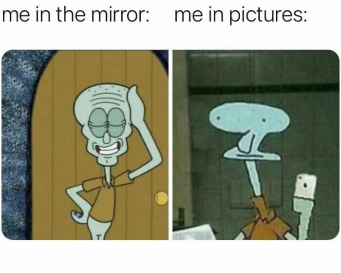 Squidward meme humorously comparing self-perception in the mirror versus in photos.