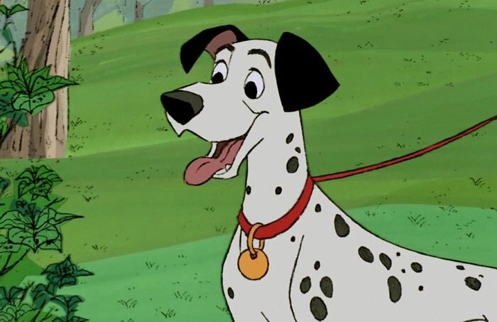 Cartoon dog with black spots, wearing a red collar, in a green park.