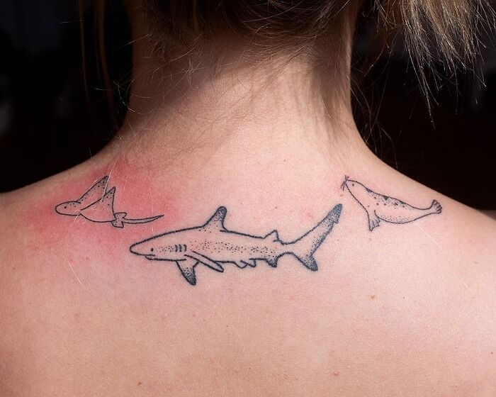 Three animal tattoos featuring a shark, bird, and seal on the back of a neck.
