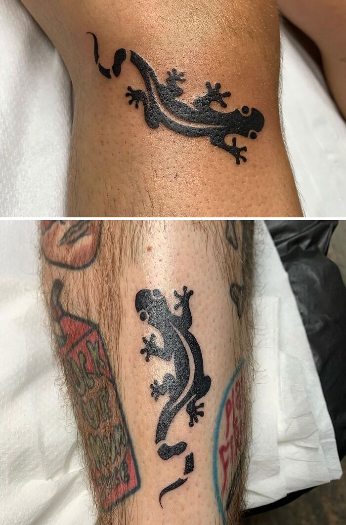 Lizard animal tattoos in black ink on forearm and ankle.