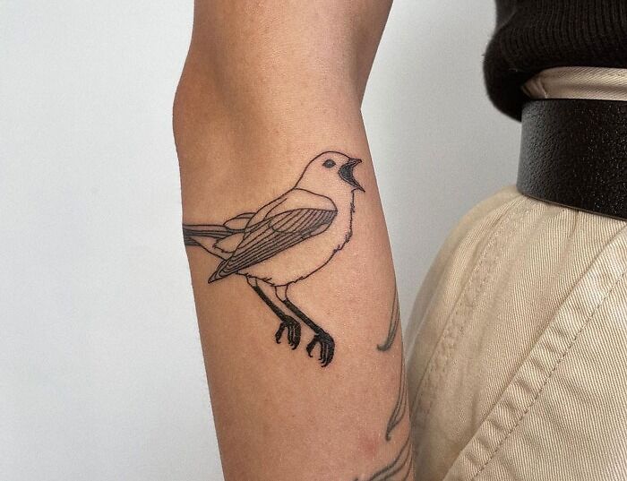 Bird tattoo on arm, showcasing simple line art style for animal tattoo inspiration.