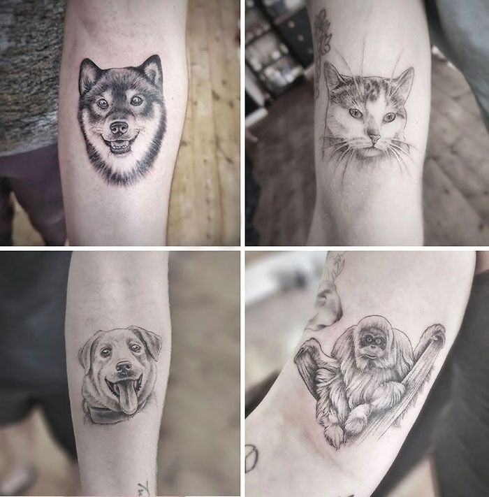 Animal tattoos featuring a dog, a cat, and a monkey in a collage on forearms.