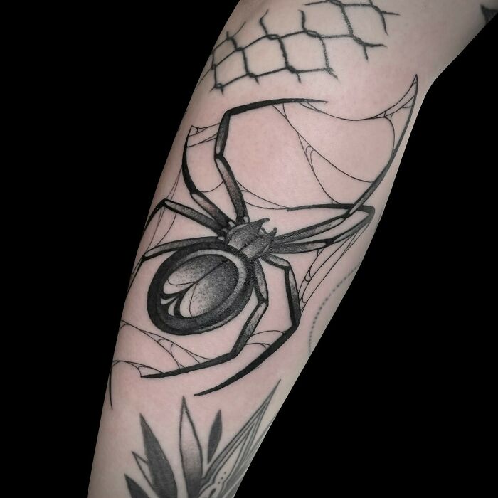 Black ink spider tattoo with web design on the forearm, showcasing creative animal tattoo ideas.
