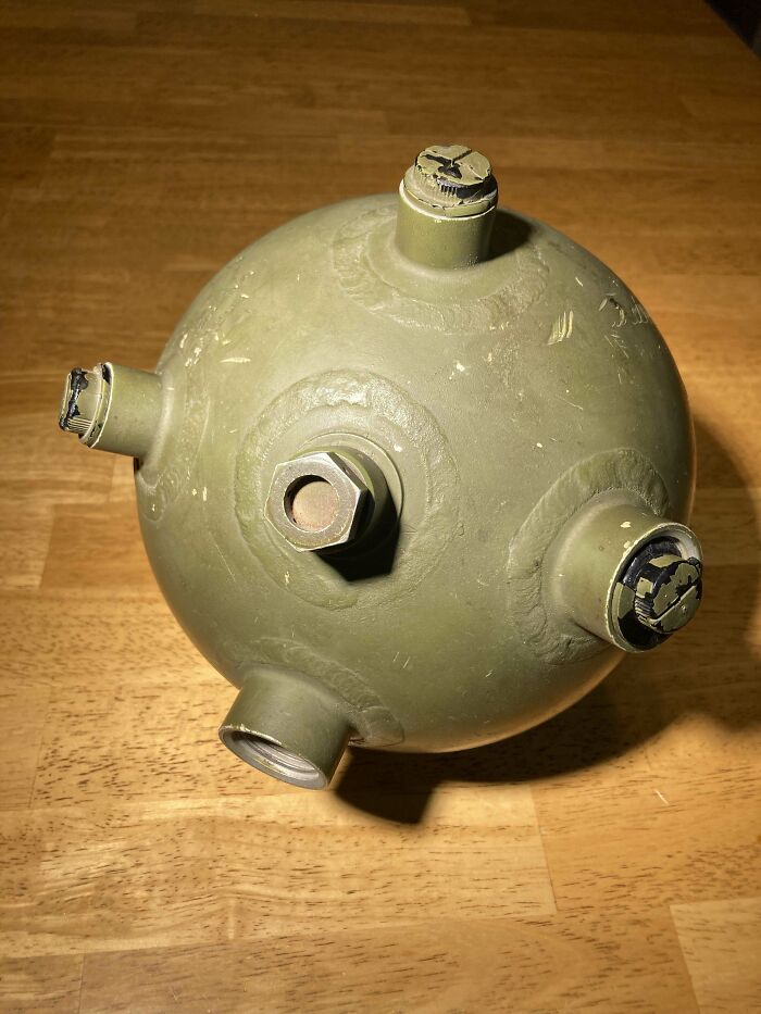 Hollow Aluminum Sphere 23"5/8 Circumference, Made From Two Hemispheres Welded Together. Has Multiple Ports. Painted Olive Drab Green