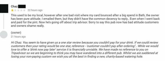 Customer At My Local Pub Couldn't Pay For A Pint And Gave A Bad Tripadvisor Review, Pub Responded Accordingly