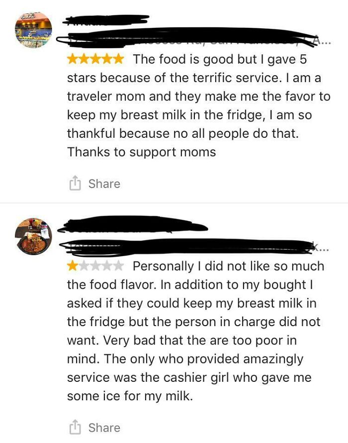 This Lady Leaving Reviews Based On Whether Or Not The Restaurant Let Her Store Her Breast Milk In Their Fridges