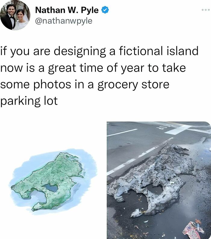Funny meme comparing a fictional island map to a melting snow pile in a parking lot, shared by a Facebook group.