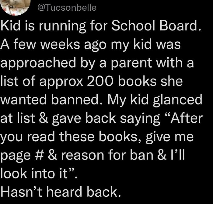 Text meme about a kid running for school board, humorously responding to a parent wanting to ban 200 books.