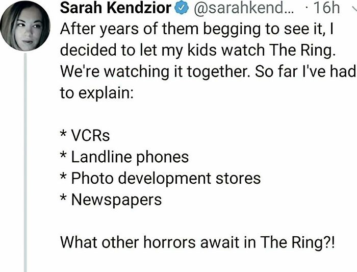 Tweet about old tech and parenting humor, featuring VCRs and newspapers, sharing nerdy meme content.