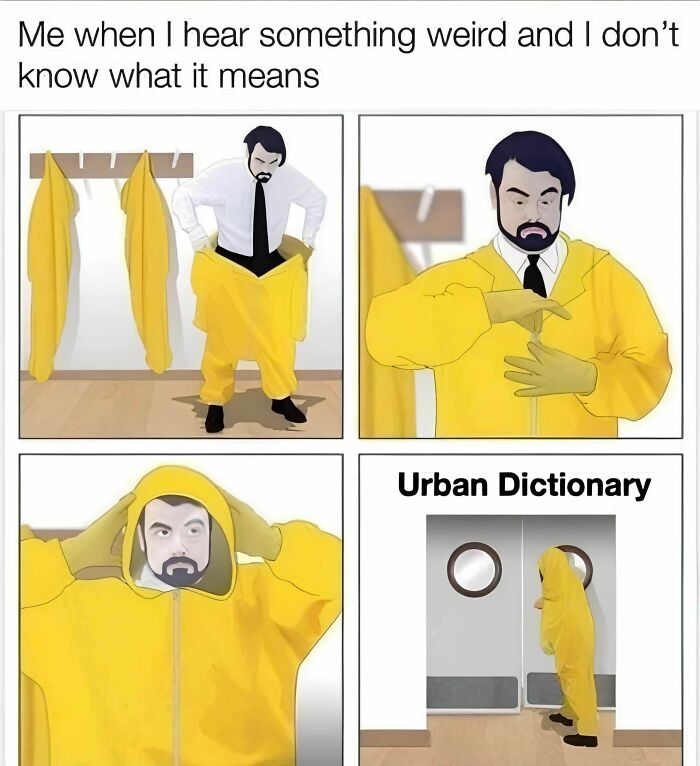 Comic strip showing a man in a yellow hazmat suit looking puzzled with "Urban Dictionary" caption, for nerd memes.