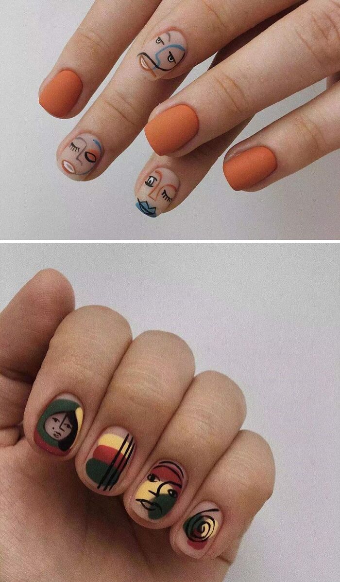 Colorful abstract nail art designs featuring geometric and face motifs.