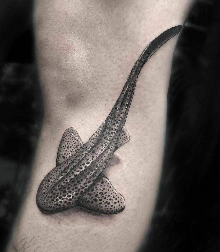 Realistic tattoo of a detailed spotted fish on forearm, showcasing museum-quality artistry.