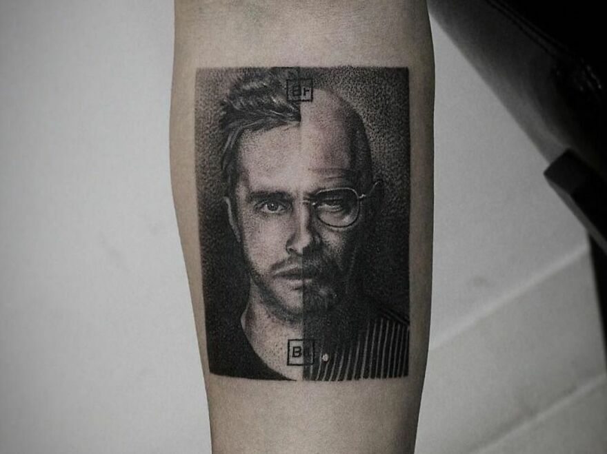 Realistic tattoo of a split portrait, showcasing intricate details and artistry.