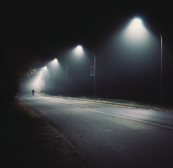 Lit Up Road In The Dar Night 