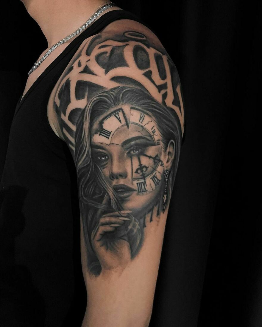 Super realistic tattoo of a woman's portrait and clock on an arm, showcasing intricate detailing.