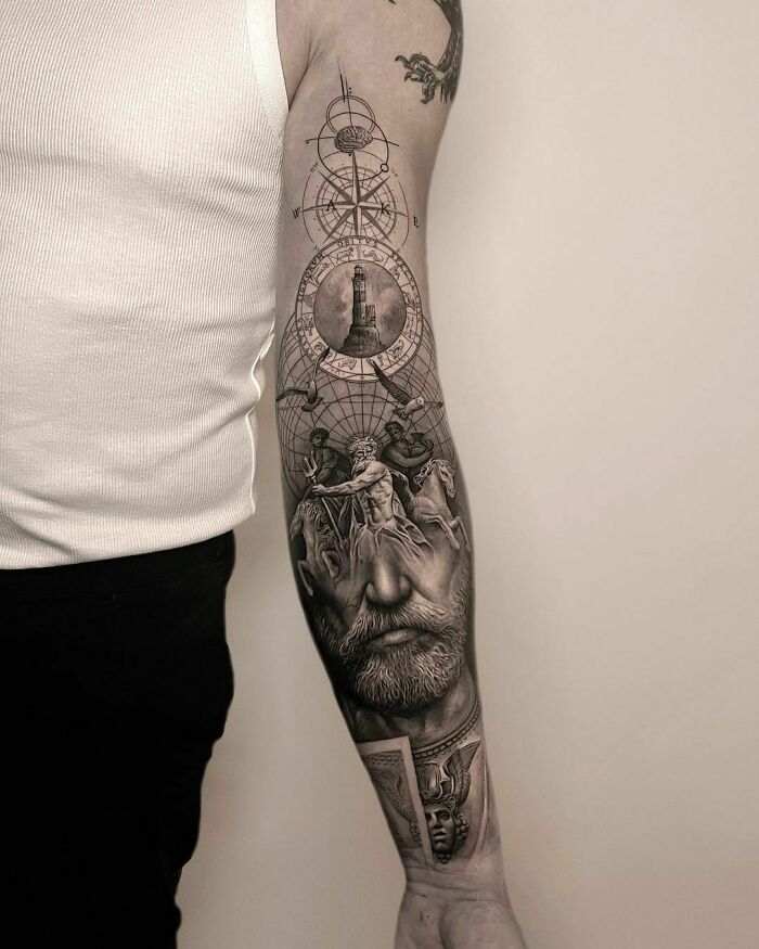 Realistic tattoo featuring intricate designs on a man's arm, showcasing detailed artwork and shading.