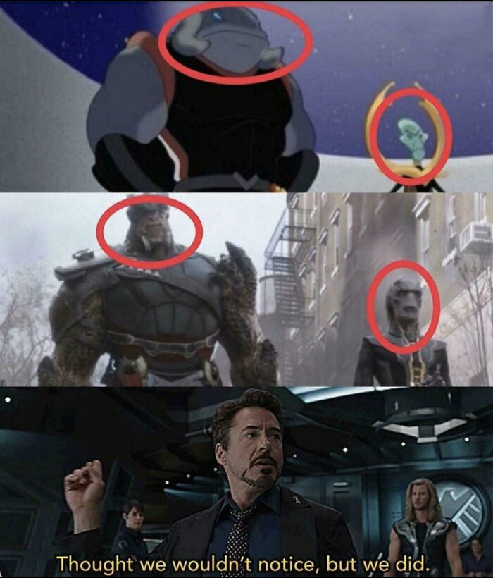 Image with red circles highlighting obvious elements in scenes from movies and animations.
