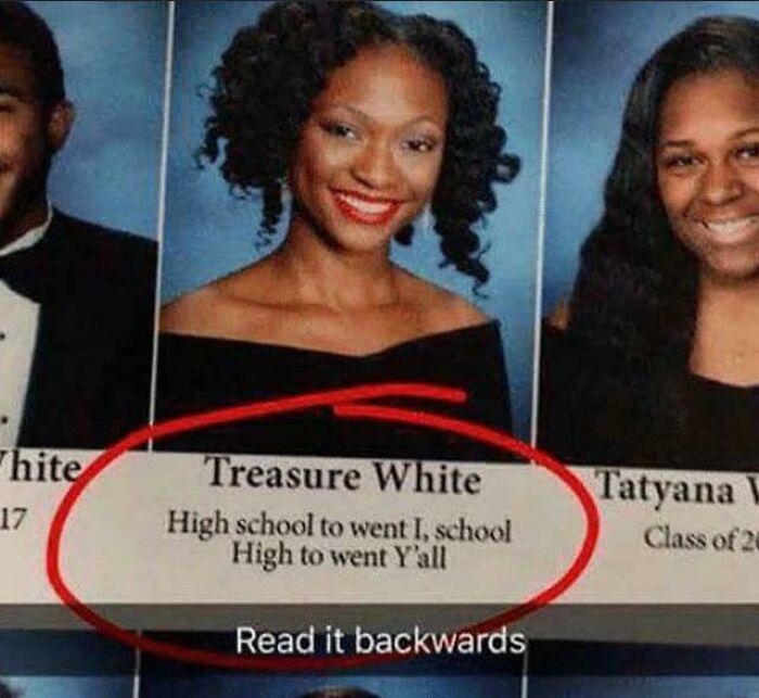 Yearbook quote highlighted with a red circle emphasizes the obvious humor when read backwards.