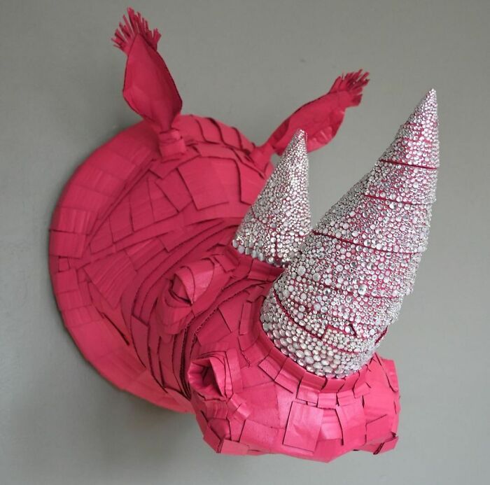a paper pink rhino with rhinestones 
