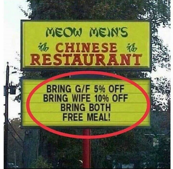 Restaurant sign with red circle highlighting an offer: girlfriend 5% off, wife 10% off, both a free meal.