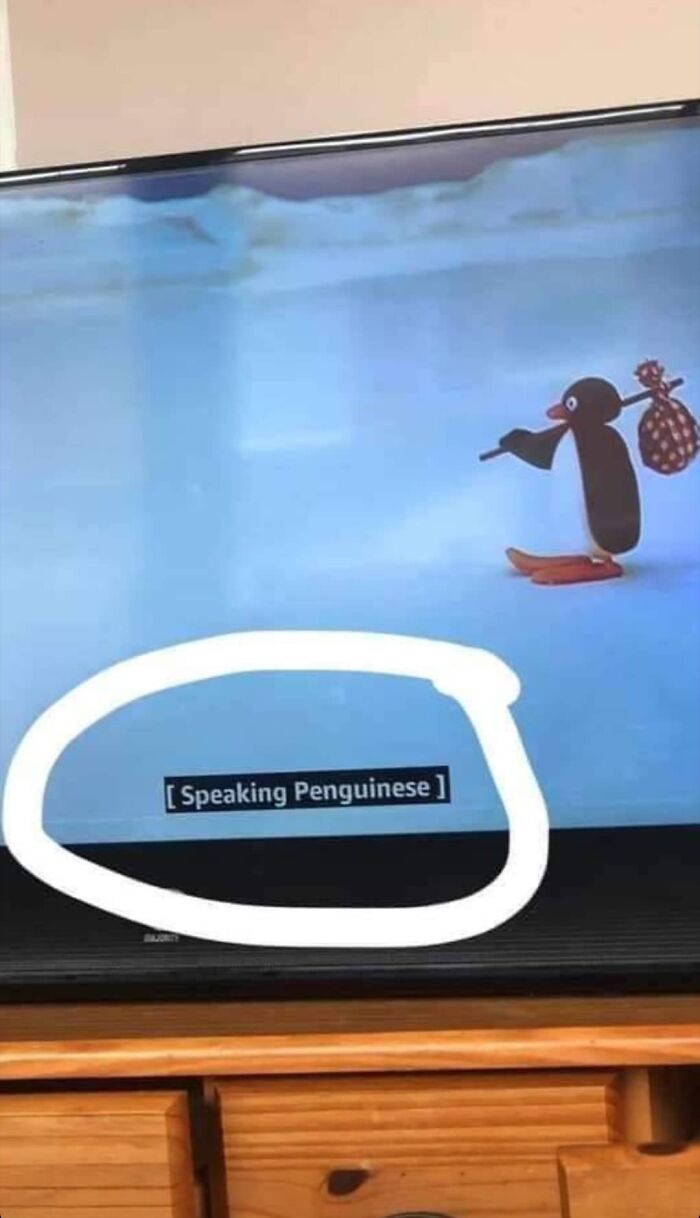TV screen showing a penguin with subtitles "Speaking Penguinese" highlighted by a red circle, emphasizing the obvious.