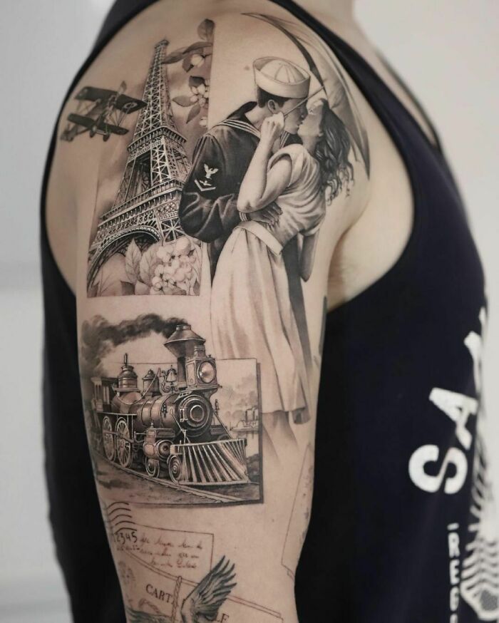 A realistic tattoo sleeve with detailed imagery of the Eiffel Tower, a sailor kissing, and a vintage train.