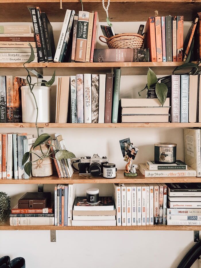 Bookshelf with organized books, decor items, and plants for effective home organization.
