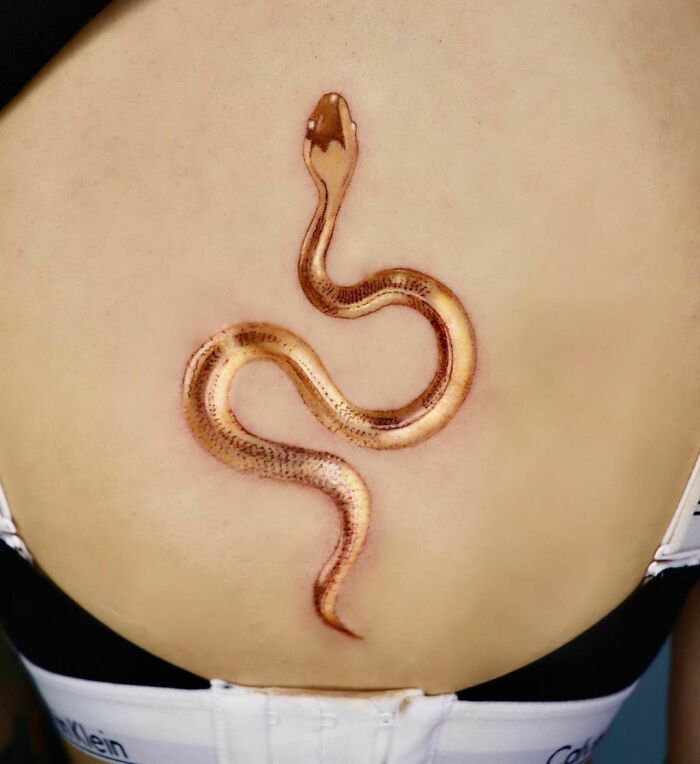 A realistic snake tattoo on a person's back, showcasing intricate design and lifelike details.