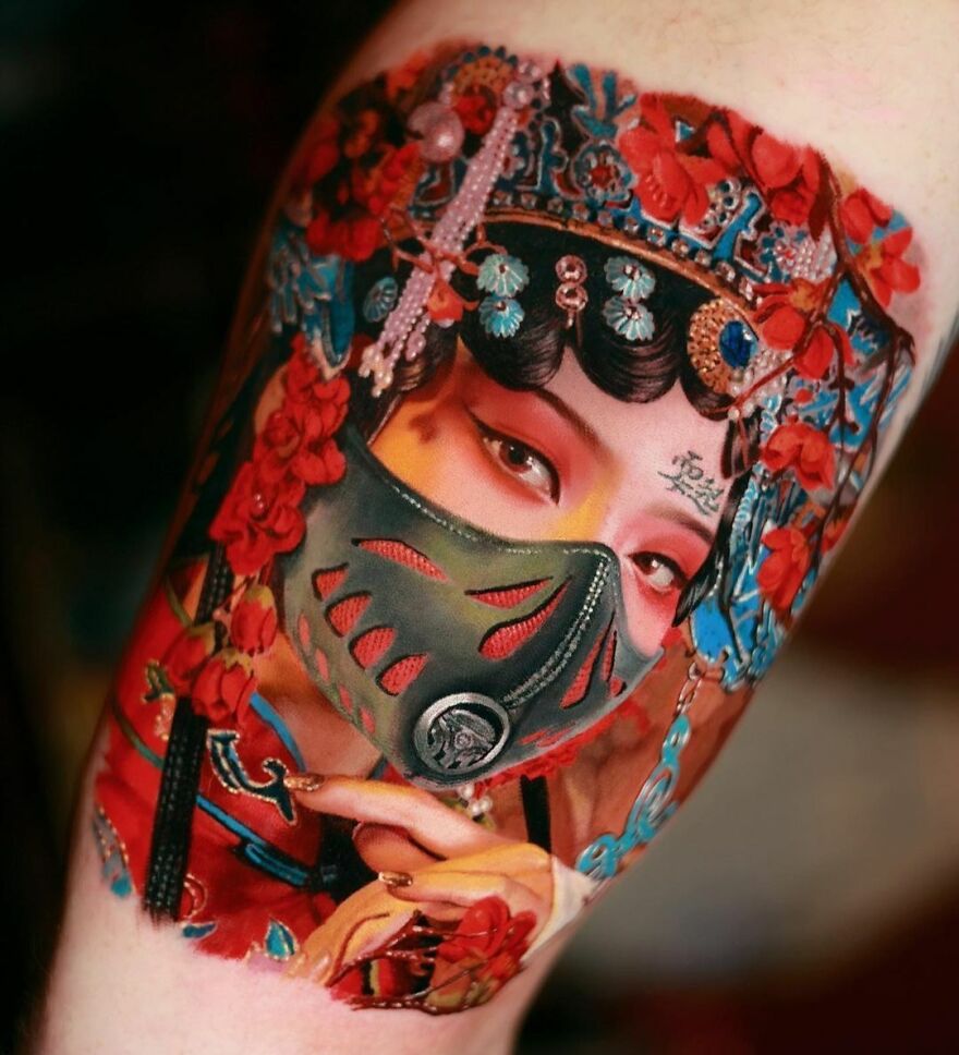 Realistic colorful tattoo of a Gangster Opera girl with detailed accessories and vibrant colors.