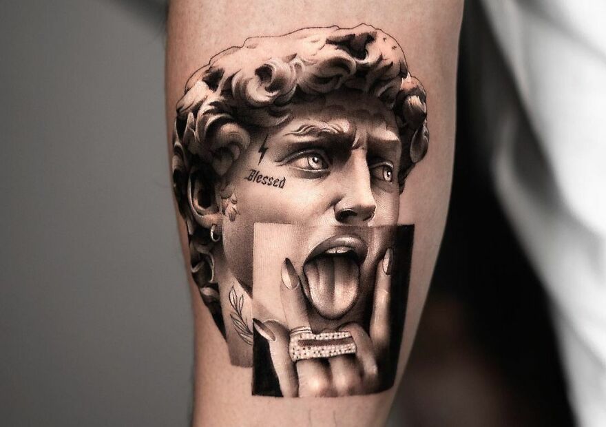 Super realistic tattoo of a statue's face and rock fingers collage on an arm, showcasing intricate detailing.