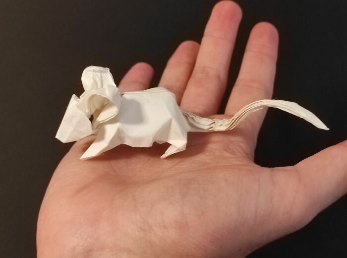 a life-size origami mouse on the palm