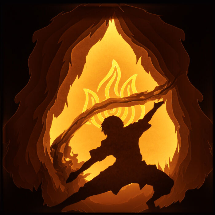 a paper man on the background of a paper fire