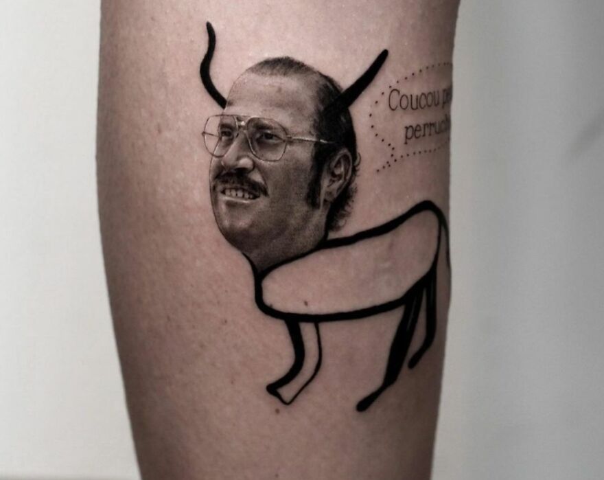 A realistic tattoo with a humorous design combining a man's head and a simple animal outline.
