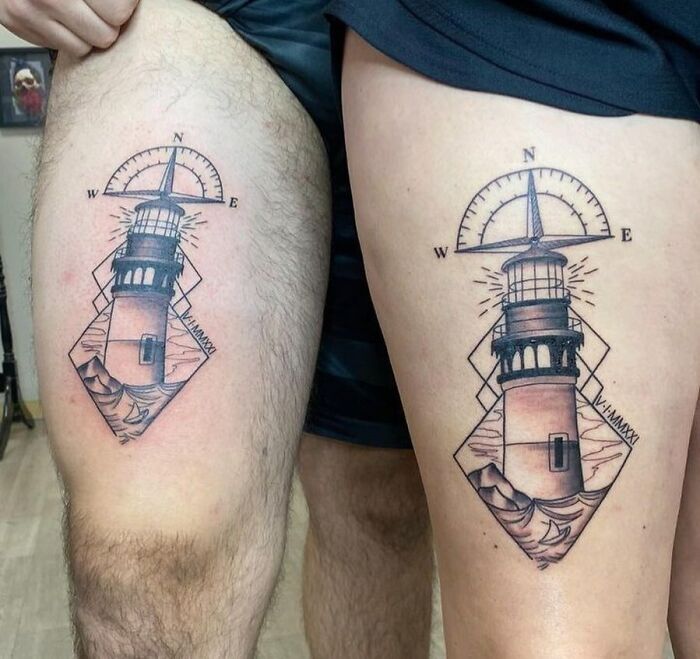 Matching lighthouse tattoos on thighs, symbolizing connection for couples, siblings, or friends.