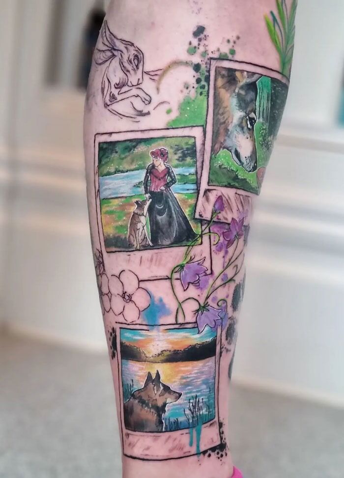 Colorful calf tattoo featuring artistic polaroid designs with nature and wolf imagery.