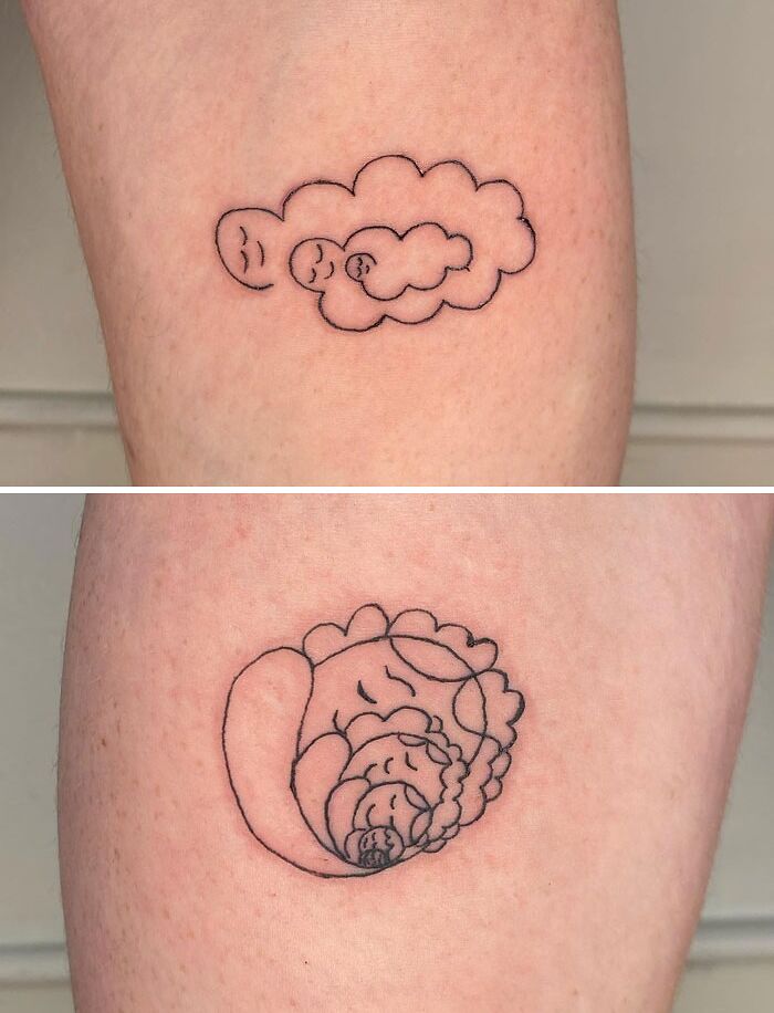 Simple black line calf tattoos featuring clouds and a peony design.