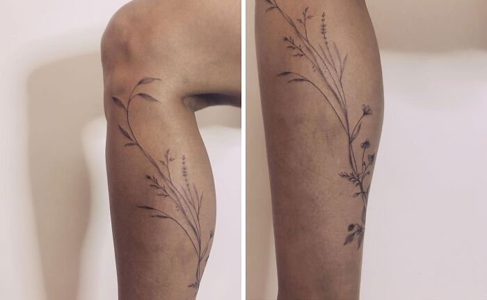 Minimalist floral calf tattoo showcasing pure coolness.