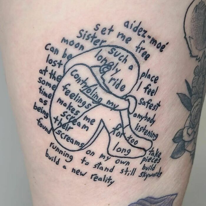 Self-love tattoo featuring a figure with words about inward battles and outward support encircling it.
