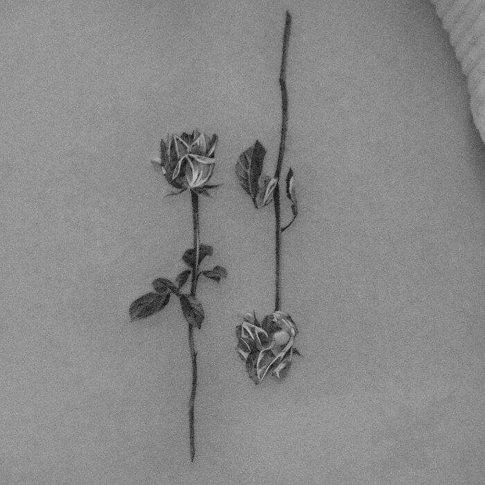 Black and gray flower tattoo on skin, featuring two roses with stems and leaves.