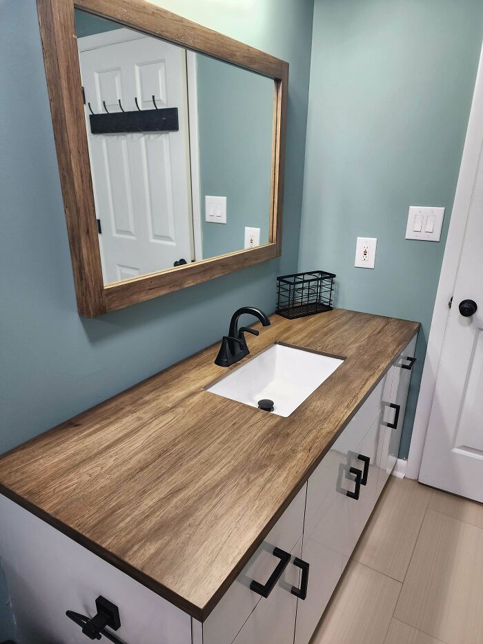 Spalted Ash Harvested From My Back Pasture. Air Dried 11 Years, Finally Made A Bathroom Countertop And Mirror With It