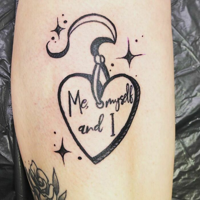 Heart tattoo with "Me, Myself & I" inscription celebrating self-love.