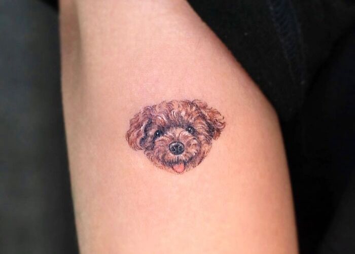 Realistic animal tattoo of a dog's face on a forearm, showcasing simplicity and detail.