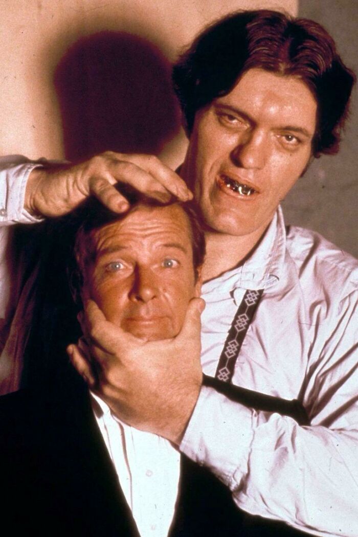 Roger Moore And Richard Kiel Doing A Photoshoot For Moonraker (1979)