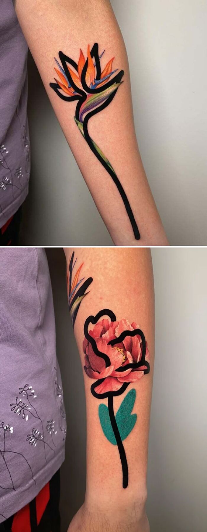 Colorful flower tattoos on arm, vivid designs blending abstract and realistic styles.